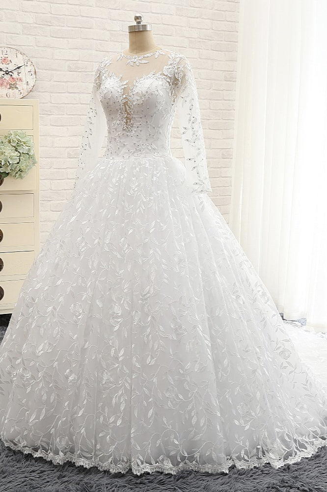 Load image into Gallery viewer, Elegant Jewel Longsleeves Lace Wedding Dresses White A-line Bridal Gowns With Appliques On Sale-27dress
