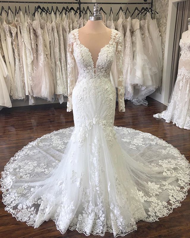 Elegant Jewel Longsleeves Mermaid Wedding Dresses Tulle Ruffles Lace Bridal Gowns With Appliques On Sale-27dress