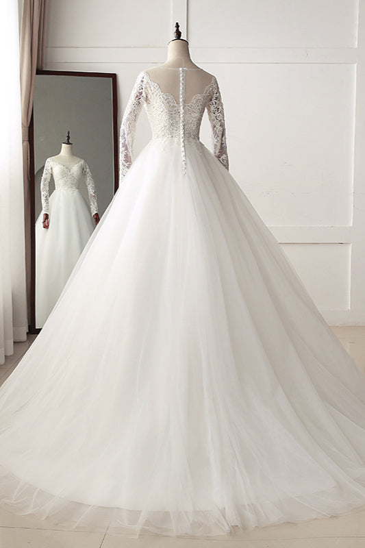 Elegant Jewel Tulle Lace White Wedding Dress A-Line Long Sleeves Appliques Bridal Gowns On Sale-27dress