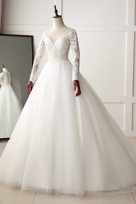 Elegant Jewel Tulle Lace White Wedding Dress A-Line Long Sleeves Appliques Bridal Gowns On Sale-27dress