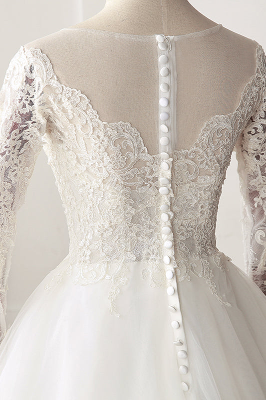 Elegant Jewel Tulle Lace White Wedding Dress A-Line Long Sleeves Appliques Bridal Gowns On Sale-27dress