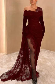 Elegant Lace Black Asymmetric With High Slit Gloves Long Prom Dress