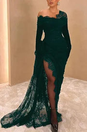 Elegant Lace Black Asymmetric With High Slit Gloves Long Prom Dress