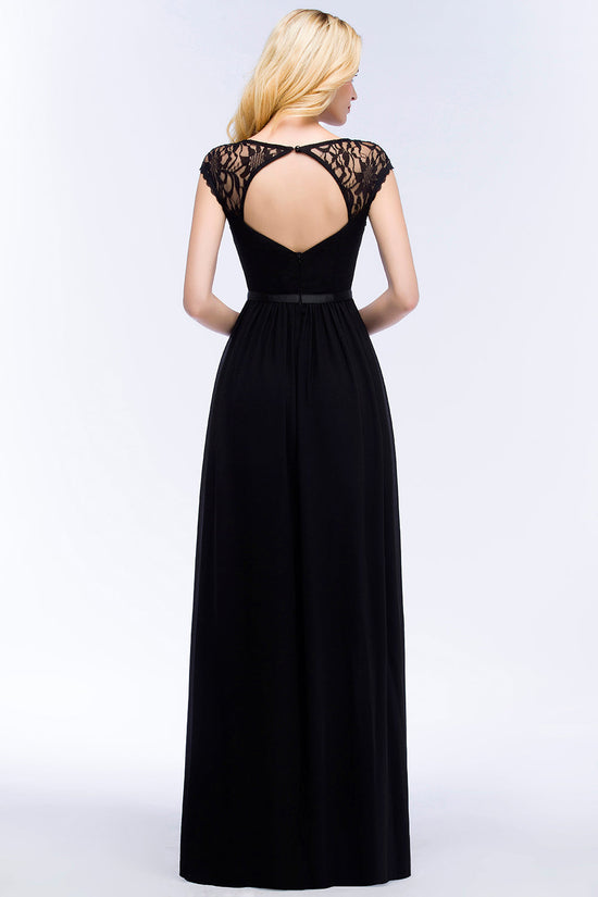Elegant Lace Black V-Neck Sleeveless Bridesmaid Dress with Hollowout Back-27dress