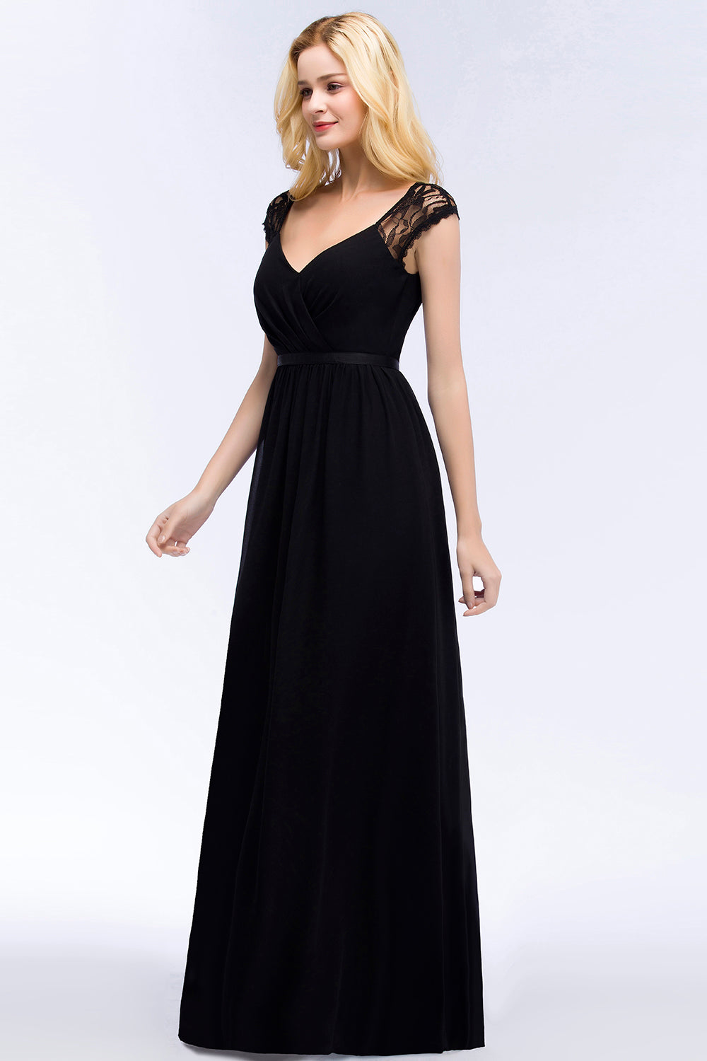 Elegant Lace Black V-Neck Sleeveless Bridesmaid Dress with Hollowout Back-27dress