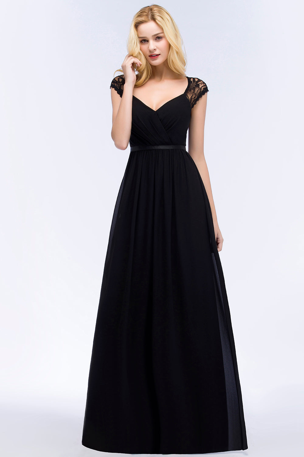 Elegant Lace Black V-Neck Sleeveless Bridesmaid Dress with Hollowout Back-27dress