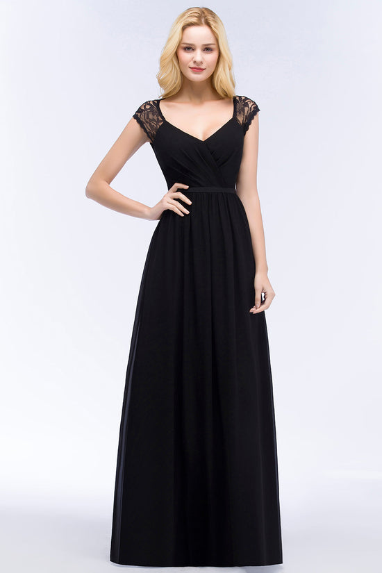 Elegant Lace Black V-Neck Sleeveless Bridesmaid Dress with Hollowout Back-27dress