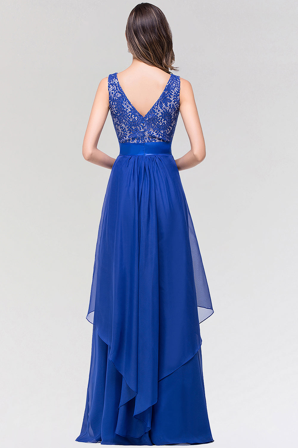 Elegant Lace Jewel Long Chiffon Bridesmaid Dress with Asymmetric Hemline-27dress