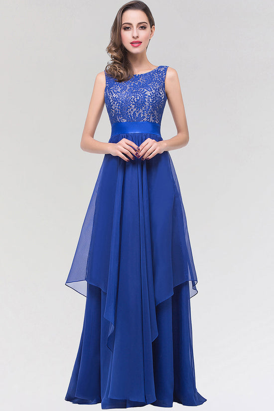 Elegant Lace Jewel Long Chiffon Bridesmaid Dress with Asymmetric Hemline-27dress
