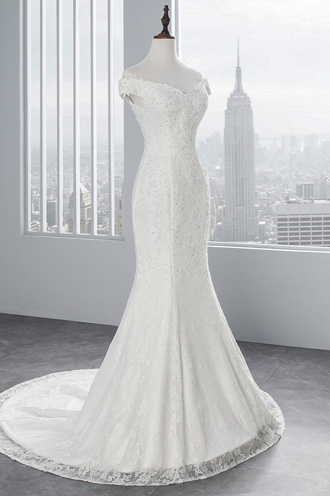 Elegant Lace Off-the-Shoulder White Mermaid Wedding Dresses Affordable Online-27dress
