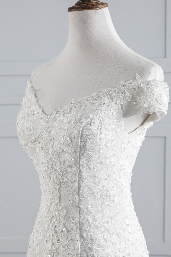 Elegant Lace Off-the-Shoulder White Mermaid Wedding Dresses Affordable Online-27dress