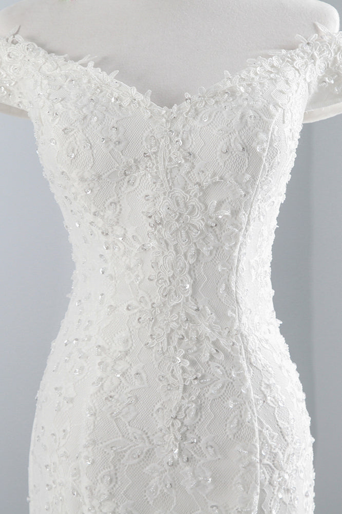 Elegant Lace Off-the-Shoulder White Mermaid Wedding Dresses Affordable Online-27dress