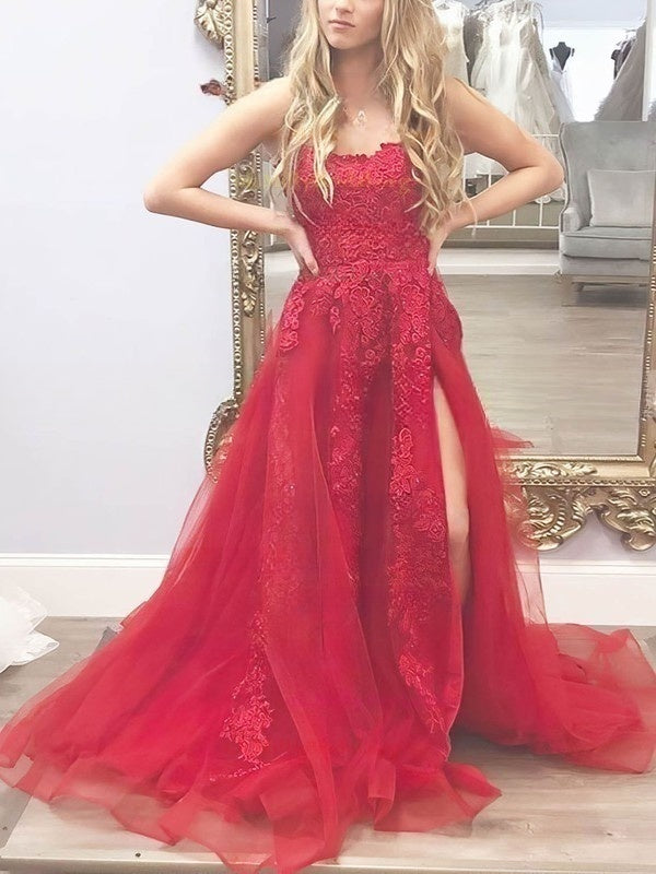 Elegant Lace Prom Dress - Ball Gown/Princess Sweep Train Scoop Neck Tulle Appliques