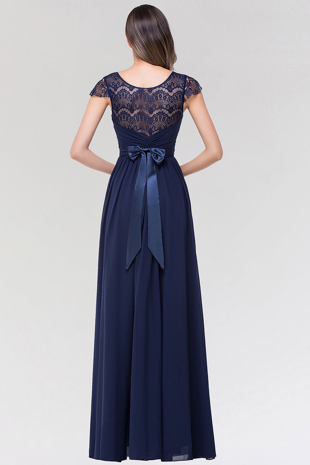 Elegant Lace Scoop Sleeveless Navy Bridesmaid Dress with Buttons-27dress