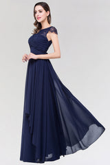 Elegant Lace Scoop Sleeveless Navy Bridesmaid Dress with Buttons-27dress