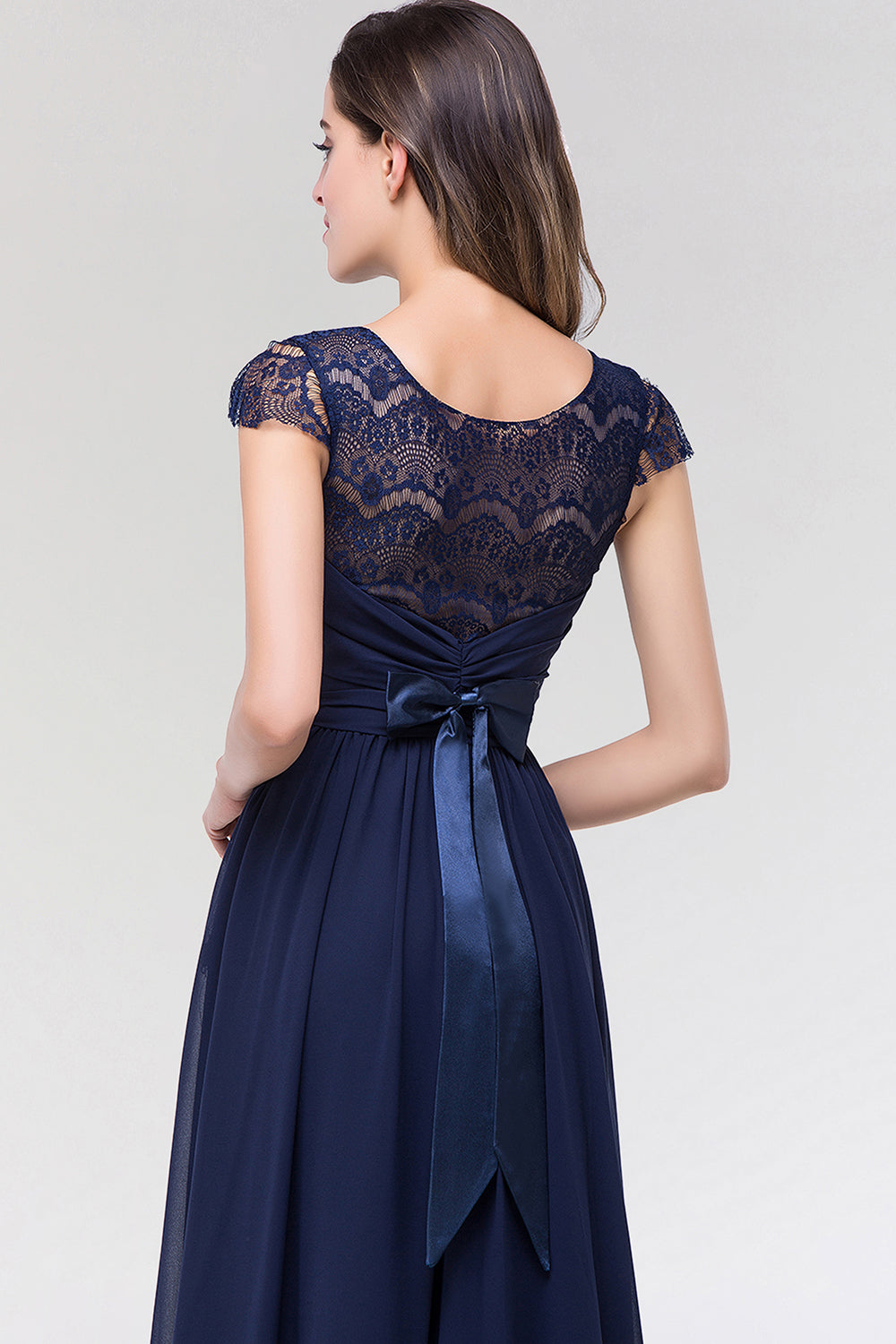 Elegant Lace Scoop Sleeveless Navy Bridesmaid Dress with Buttons-27dress