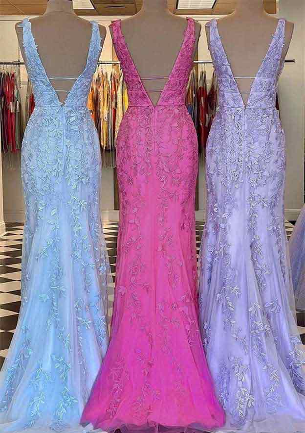 Elegant Lace Tulle Prom Dress with Beading - Sheath/Column V Neck Sleeveless Long/Floor-Length-27dress