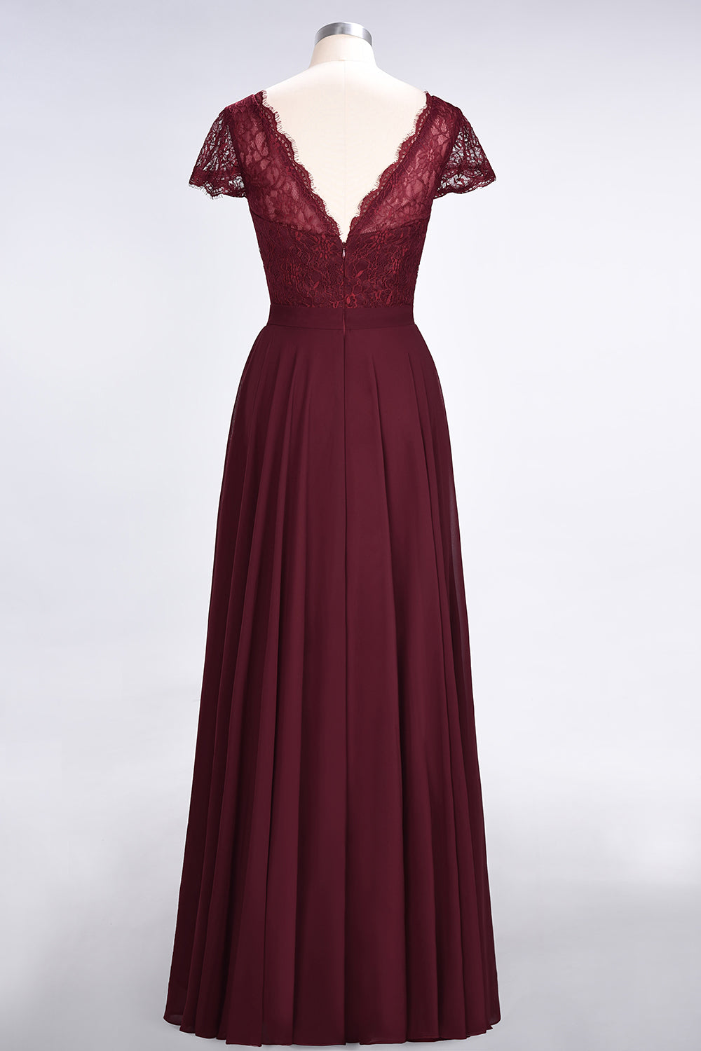 Elegant Lace V-Neck Burgundy Bridesmaid Dress with Cap Sleeves-27dress