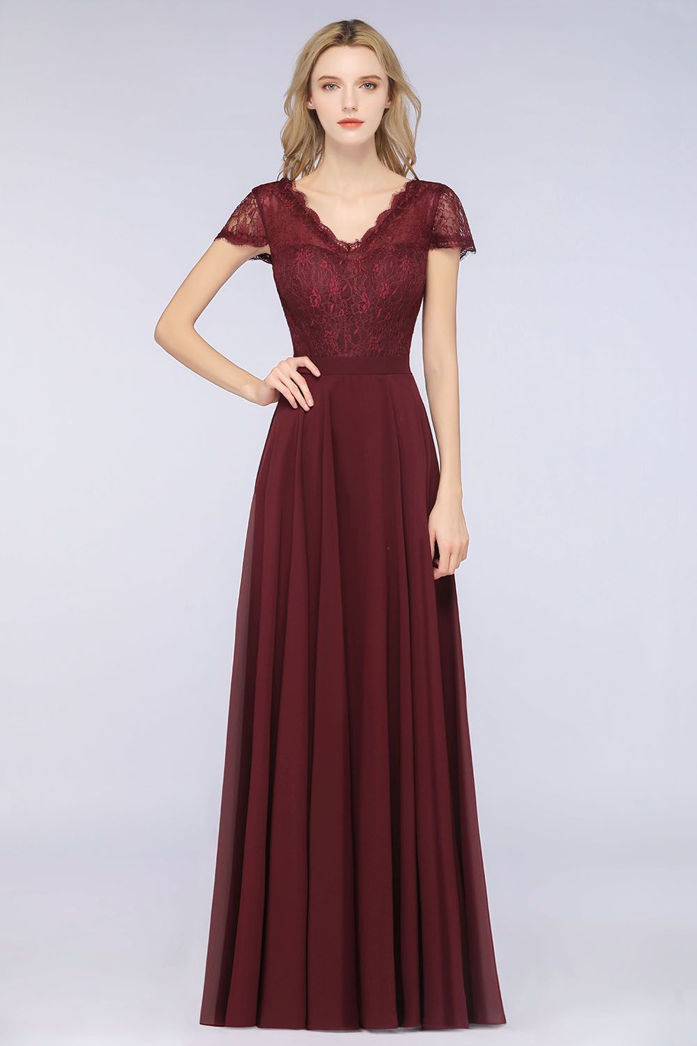 Elegant Lace V-Neck Burgundy Bridesmaid Dress with Cap Sleeves-27dress