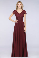 Elegant Lace V-Neck Burgundy Bridesmaid Dress with Cap Sleeves-27dress