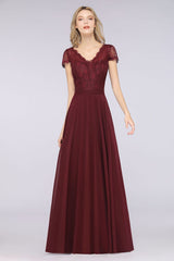 Elegant Lace V-Neck Burgundy Bridesmaid Dress with Cap Sleeves-27dress
