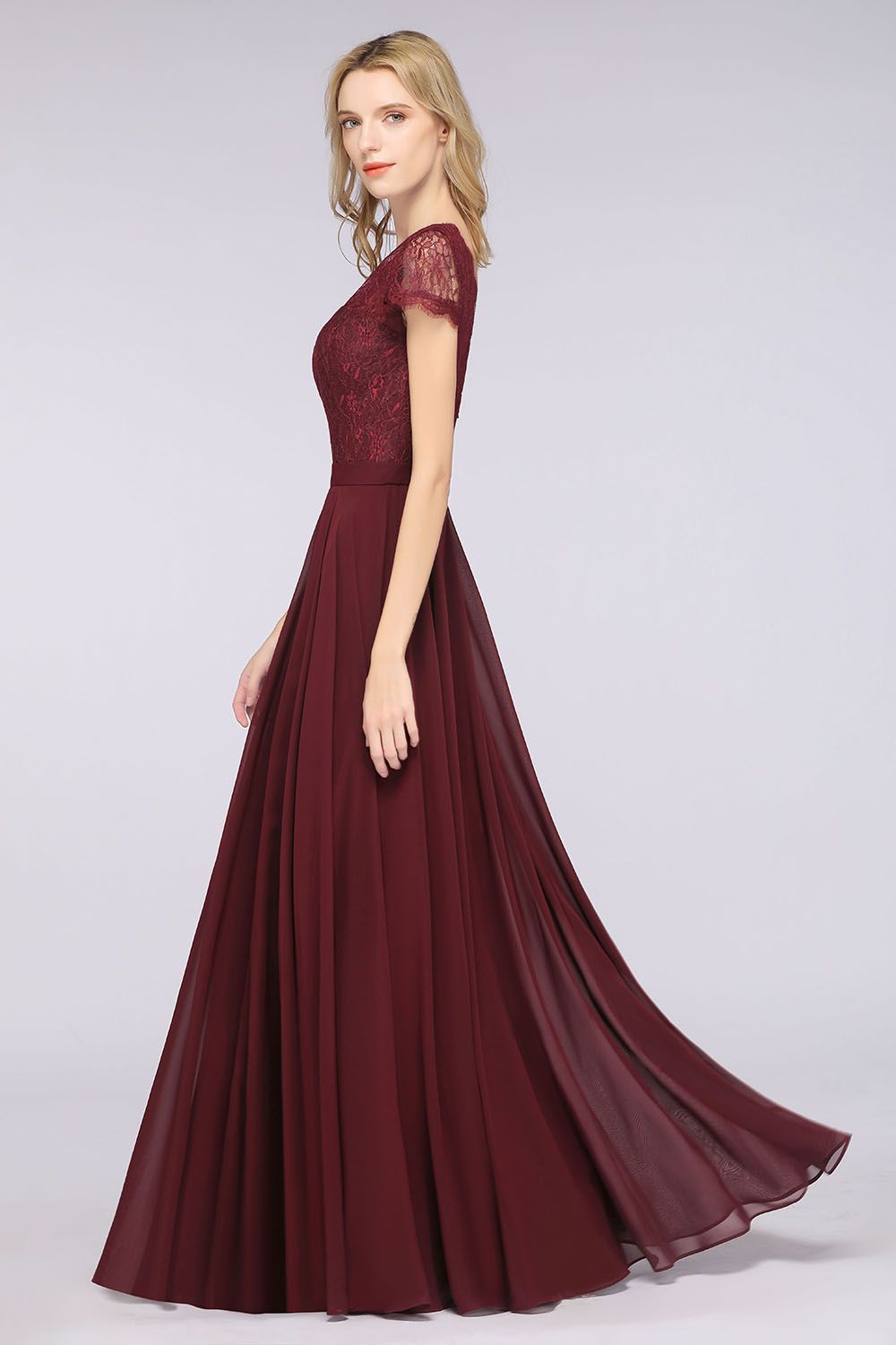 Elegant Lace V-Neck Burgundy Bridesmaid Dress with Cap Sleeves-27dress