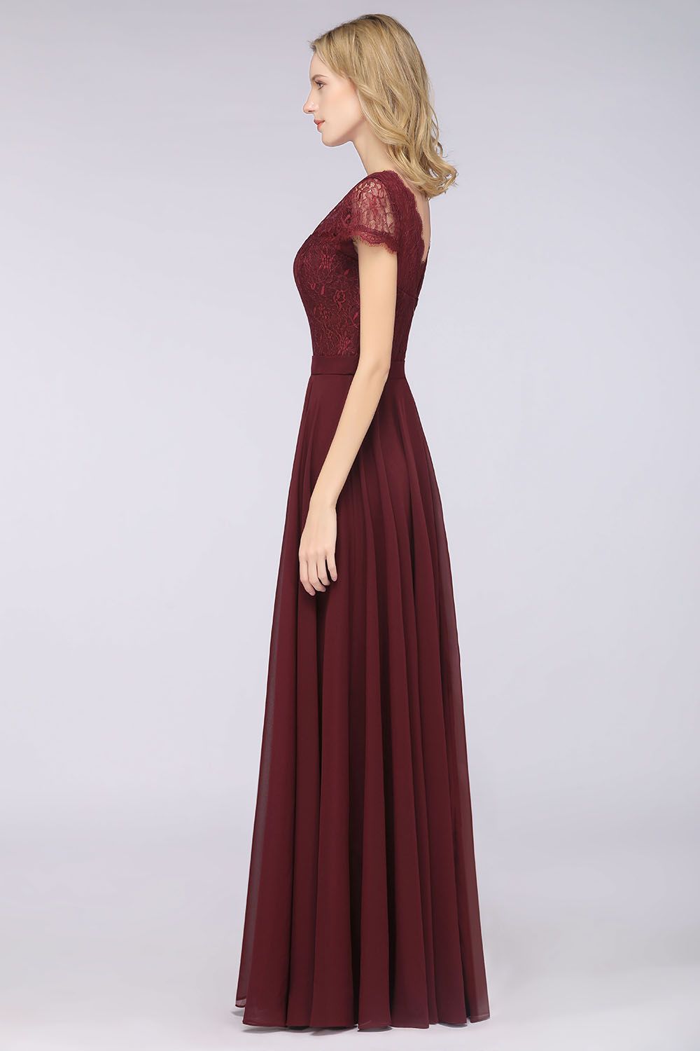 Elegant Lace V-Neck Burgundy Bridesmaid Dress with Cap Sleeves-27dress