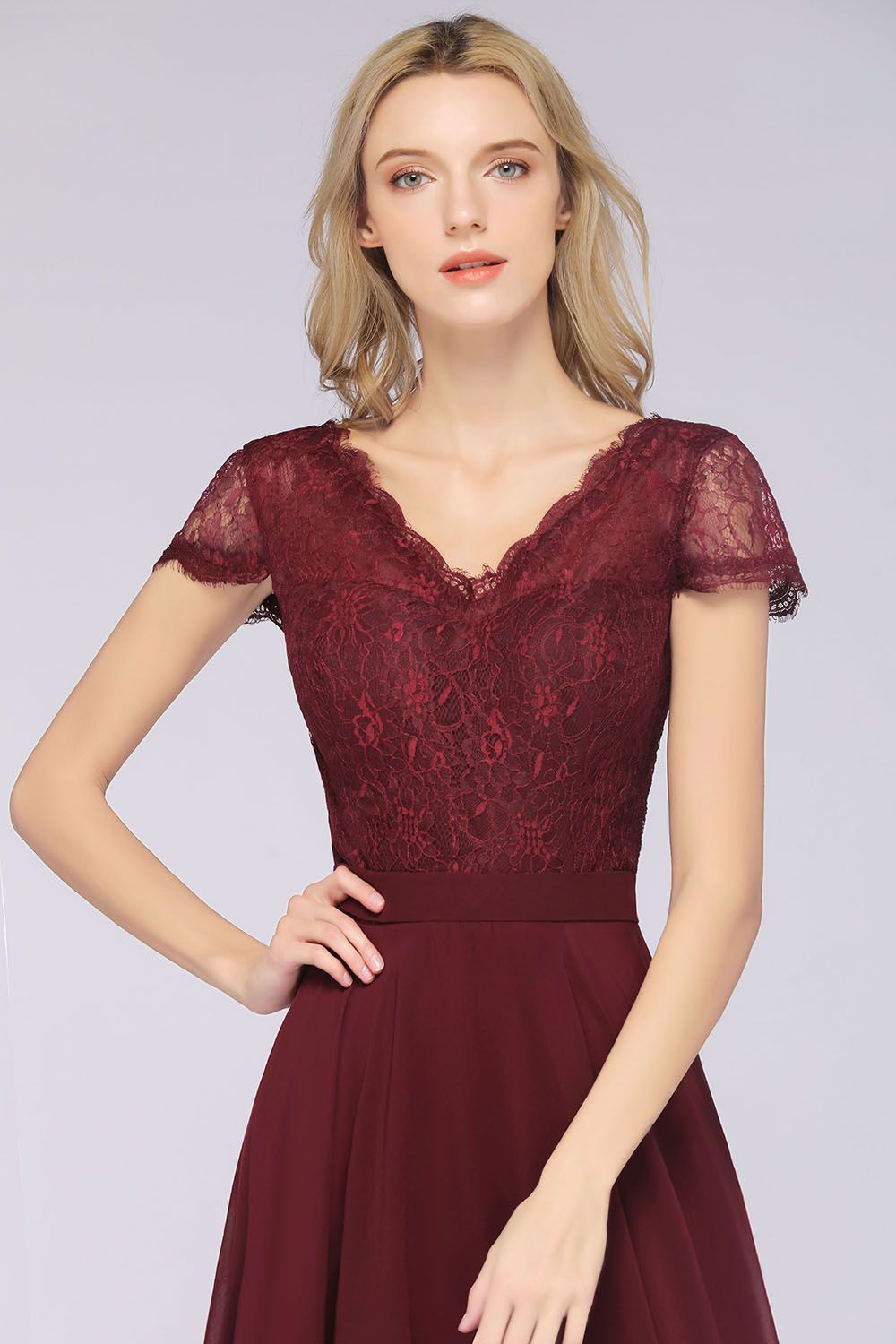 Elegant Lace V-Neck Burgundy Bridesmaid Dress with Cap Sleeves-27dress