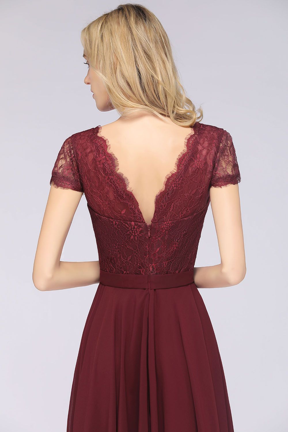 Elegant Lace V-Neck Burgundy Bridesmaid Dress with Cap Sleeves-27dress