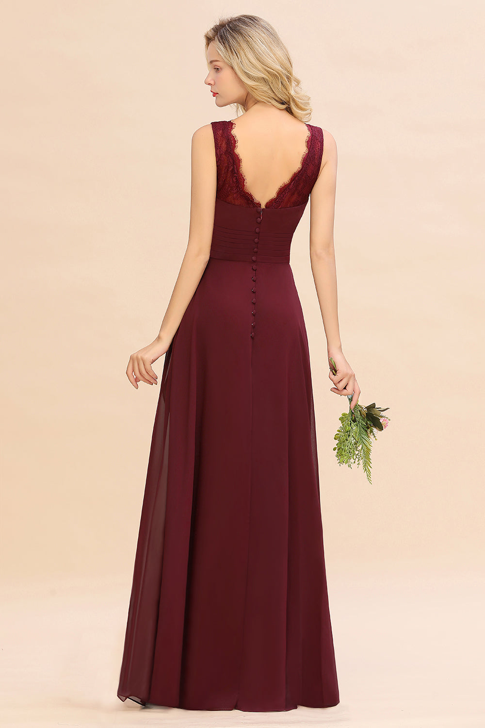 Elegant Lace V-Neck Burgundy Chiffon Bridesmaid Dresses with Ruffle-27dress