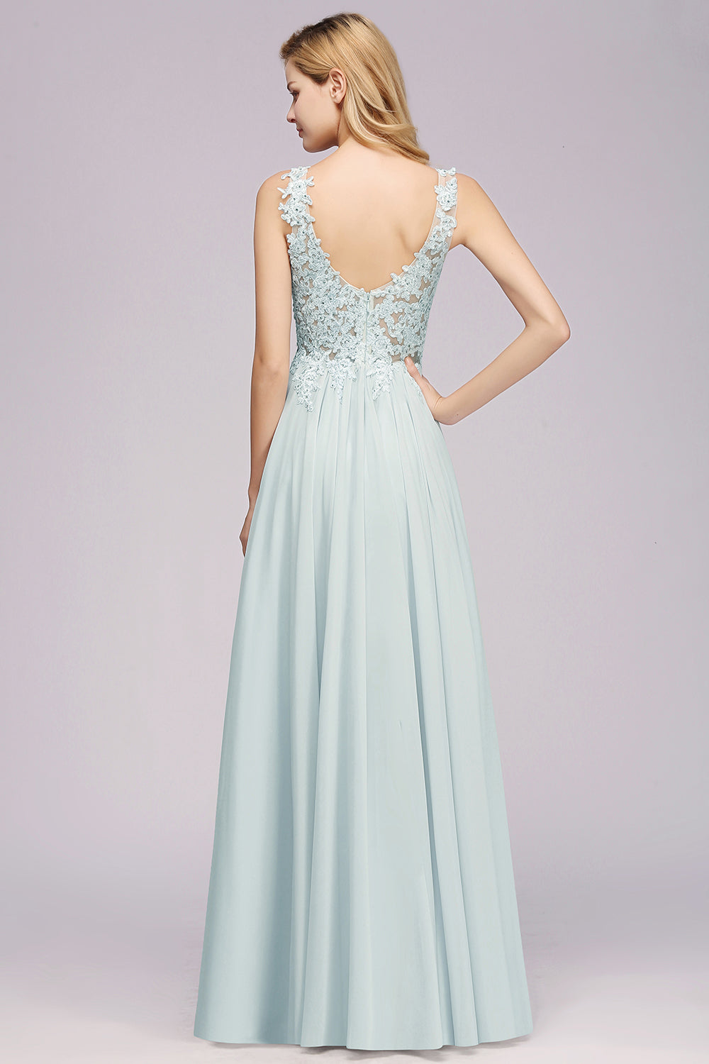 Elegant Lace V-Neck Chiffon Affordable Bridesmaid Dress with Beadings-27dress