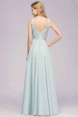 Elegant Lace V-Neck Chiffon Affordable Bridesmaid Dress with Beadings-27dress