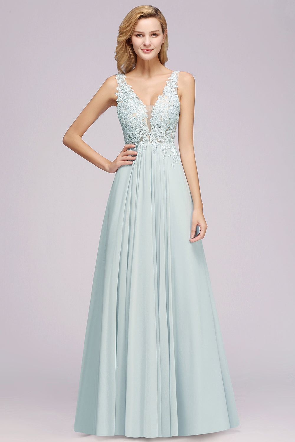 Elegant Lace V-Neck Chiffon Affordable Bridesmaid Dress with Beadings-27dress