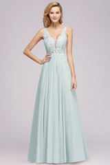 Elegant Lace V-Neck Chiffon Affordable Bridesmaid Dress with Beadings-27dress