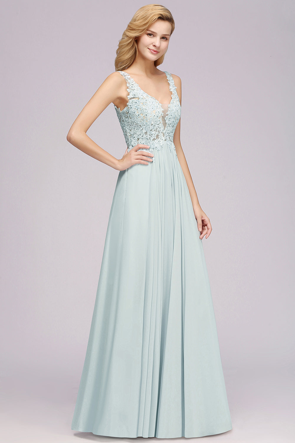 Elegant Lace V-Neck Chiffon Affordable Bridesmaid Dress with Beadings-27dress