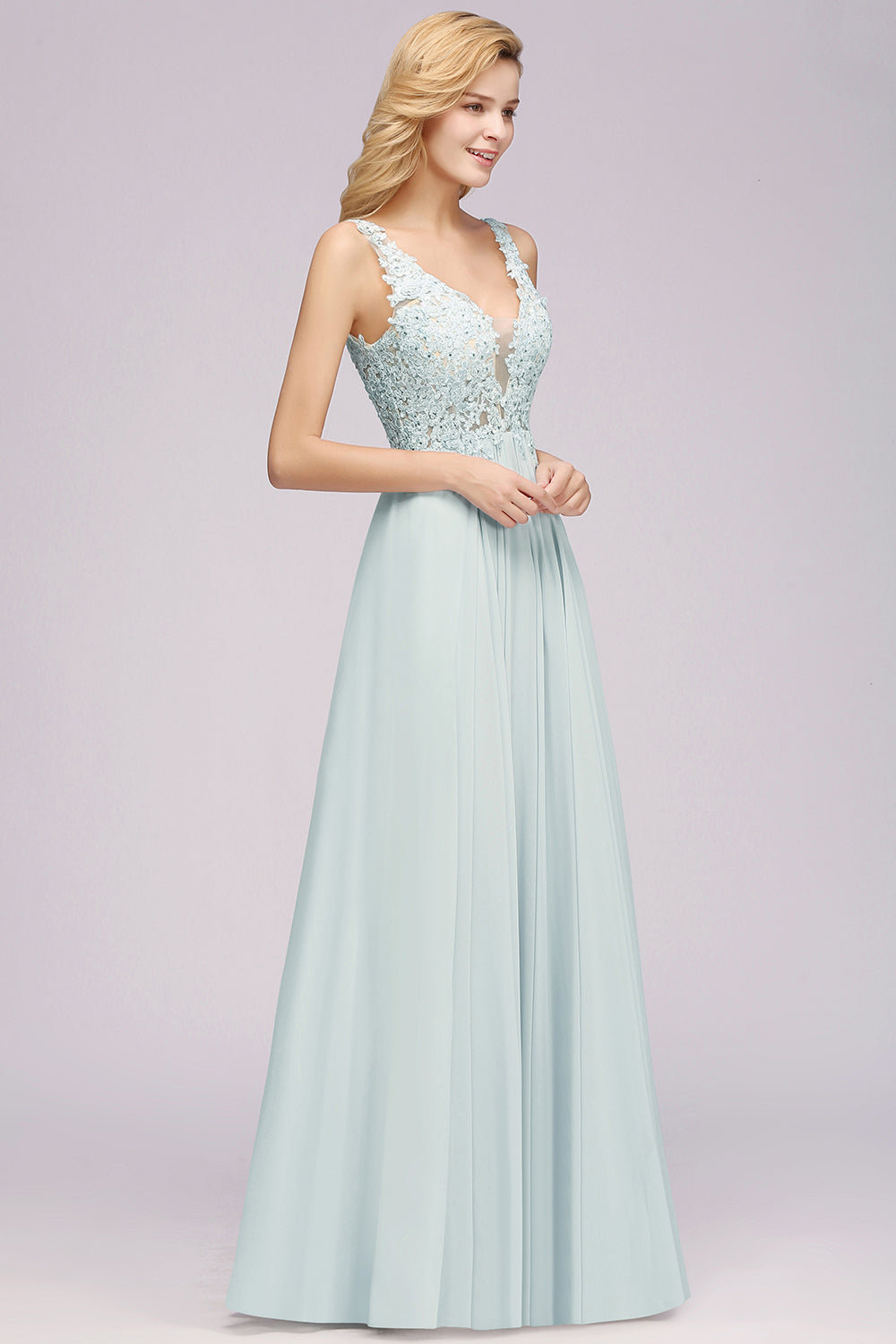 Elegant Lace V-Neck Chiffon Affordable Bridesmaid Dress with Beadings-27dress