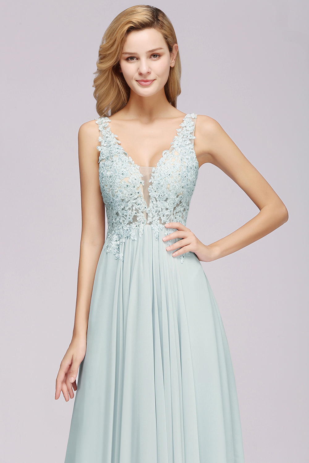 Elegant Lace V-Neck Chiffon Affordable Bridesmaid Dress with Beadings-27dress