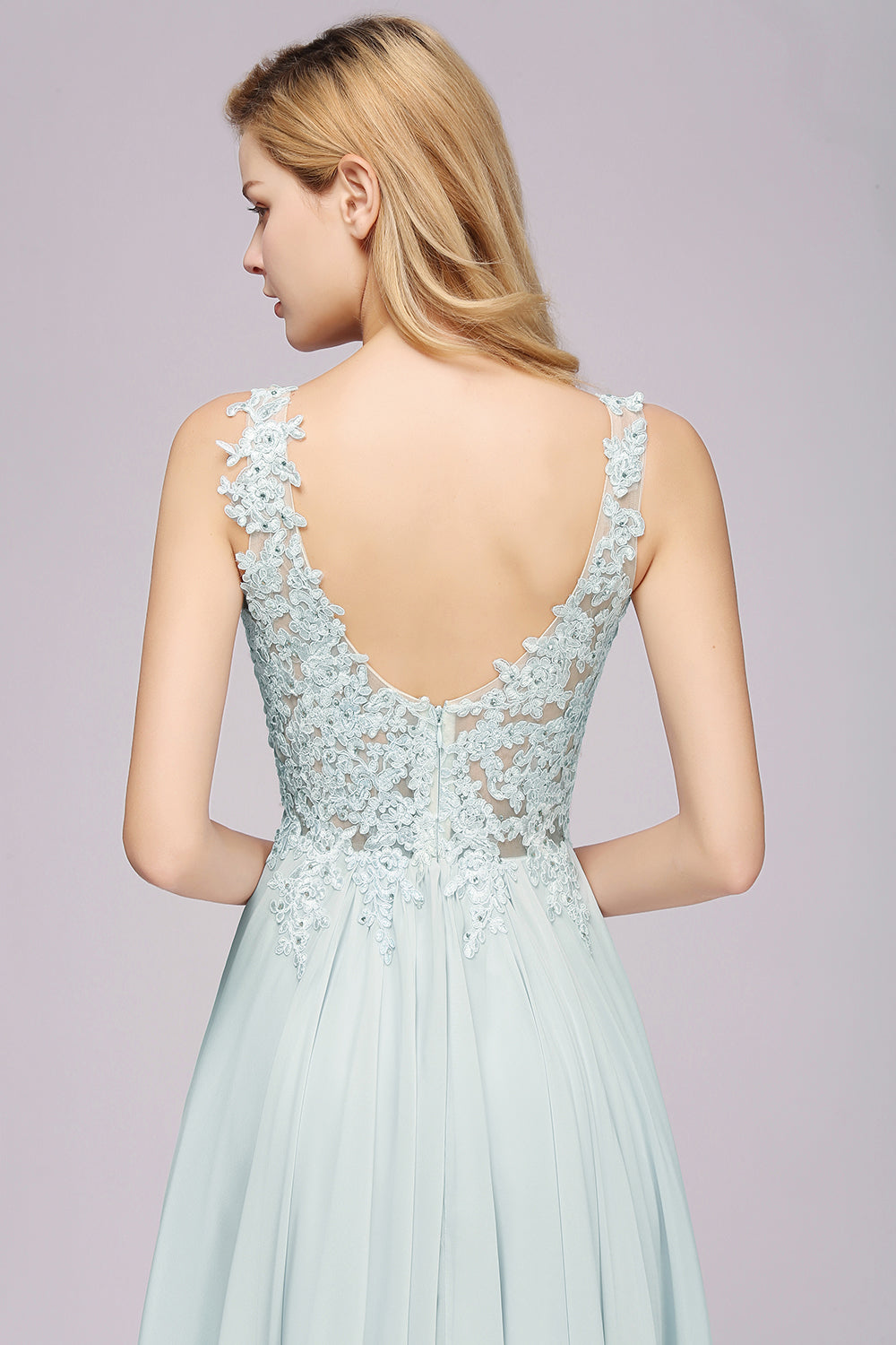 Elegant Lace V-Neck Chiffon Affordable Bridesmaid Dress with Beadings-27dress
