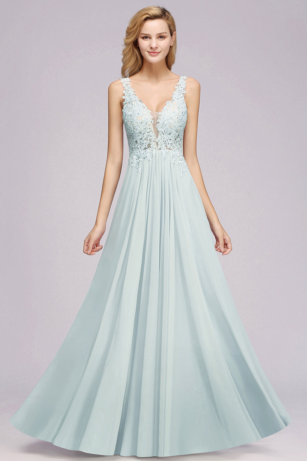 Elegant Lace V-Neck Chiffon Affordable Bridesmaid Dress with Beadings-27dress