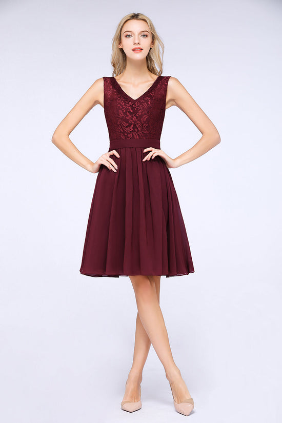 Elegant Lace V-Neck Short Burgundy Chiffon Bridesmaid Dress with Ruffle-27dress