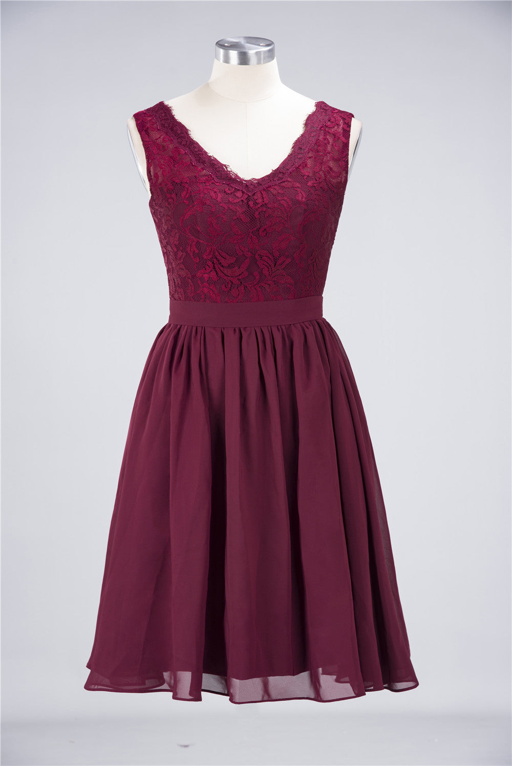 Elegant Lace V-Neck Short Burgundy Chiffon Bridesmaid Dress with Ruffle-27dress