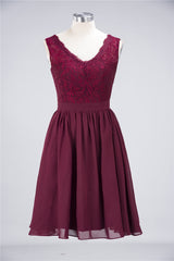 Elegant Lace V-Neck Short Burgundy Chiffon Bridesmaid Dress with Ruffle-27dress