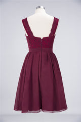 Elegant Lace V-Neck Short Burgundy Chiffon Bridesmaid Dress with Ruffle-27dress