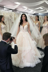 Elegant Long A-line Tulle V-Neck Layered Open Back Wedding Dresses-27dress