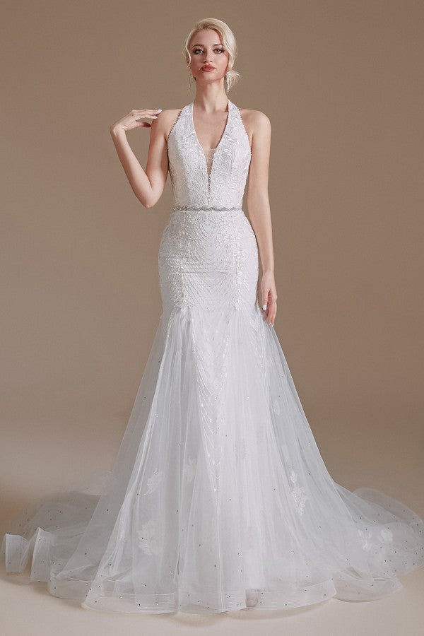 Elegant Long Mermaid Halter Tulle Floor-Length Wedding Dress with Appliques Lace-27dress