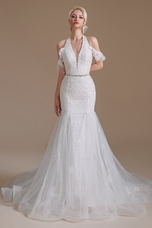 Elegant Long Mermaid Halter Tulle Floor-Length Wedding Dress with Appliques Lace-27dress