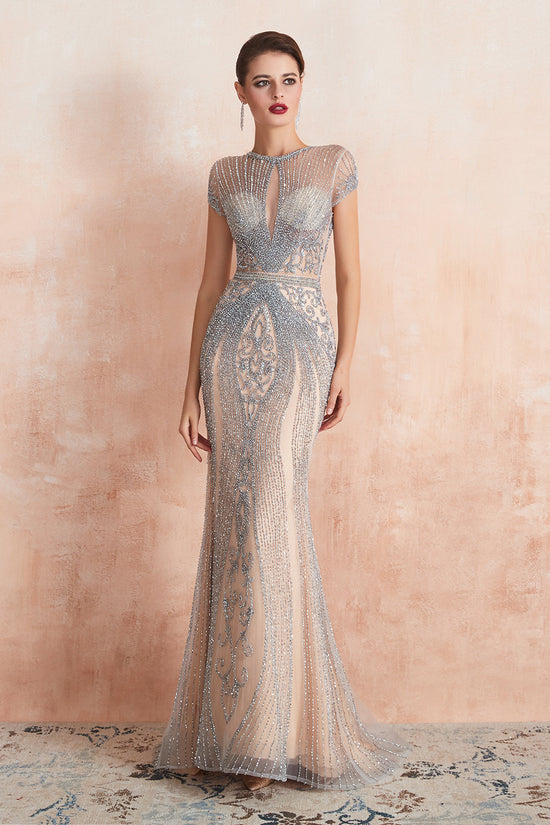 Elegant Long Mermaid Jewel Beading Tulle Evening Dress-27dress