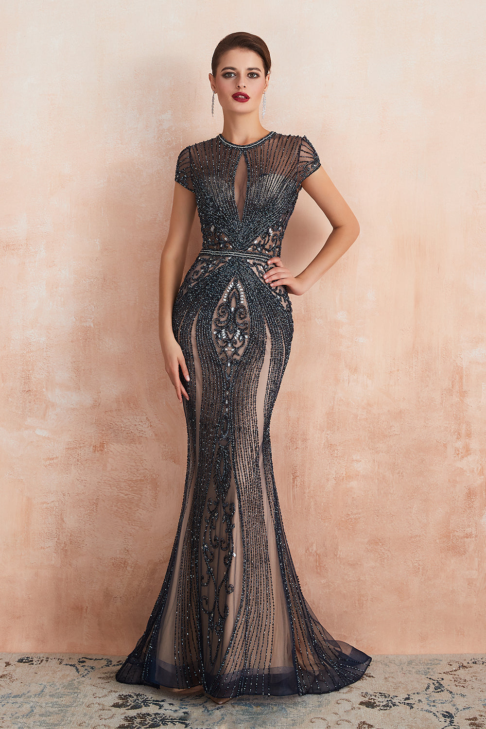 Elegant Long Mermaid Jewel Beading Tulle Evening Dress-27dress