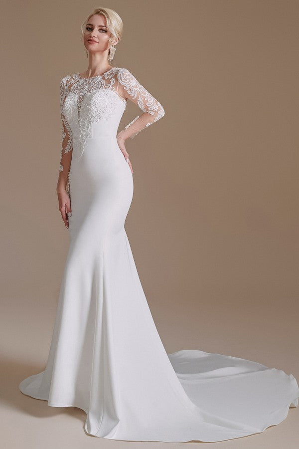 Elegant Long Mermaid Jewel Satin Lace Wedding Dress with Sleeves-27dress