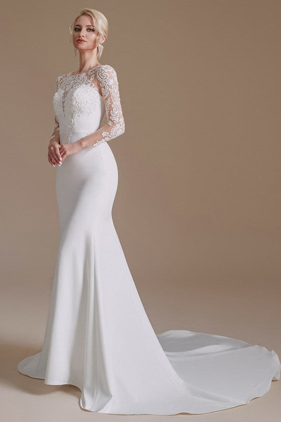 Elegant Long Mermaid Jewel Satin Lace Wedding Dress with Sleeves-27dress